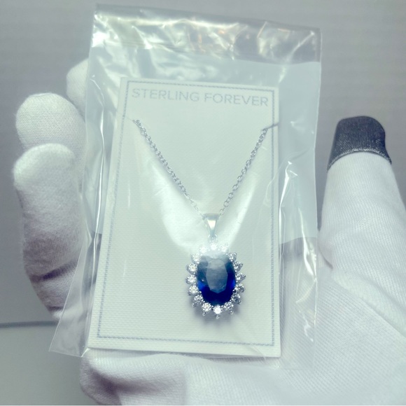 BNWT STERLING FOREVER LAB CREATED SAPPHIRE & CZ DIANA NECKLACE 16”-18” - Picture 3 of 14